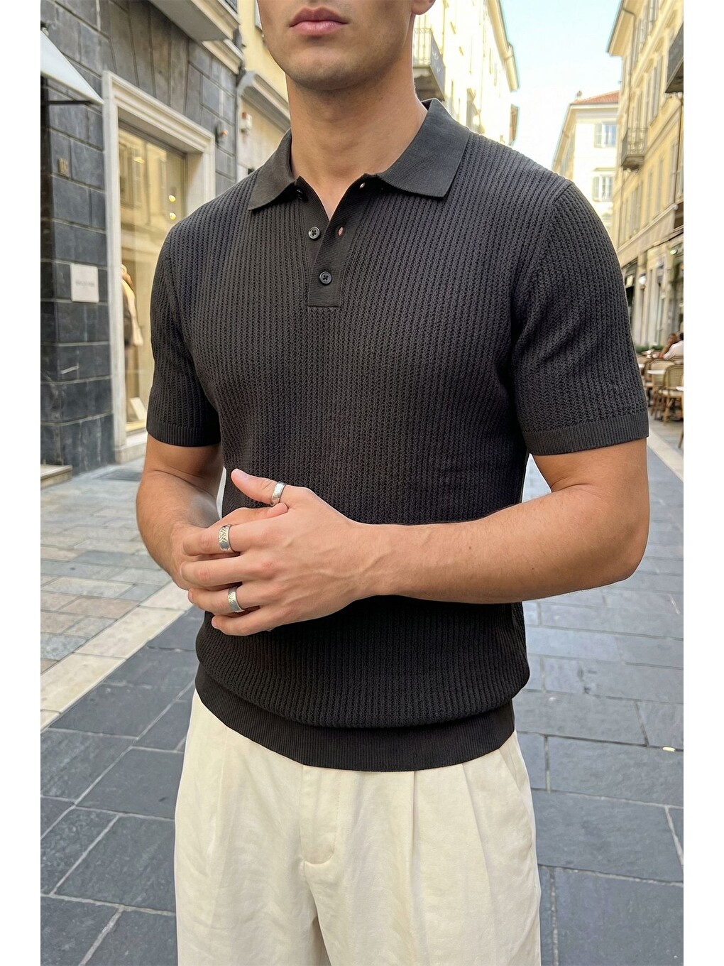 Siyah Bande Regular Fit Erkek Kısa Kol Triko Polo Yaka Dokulu Tişört-3