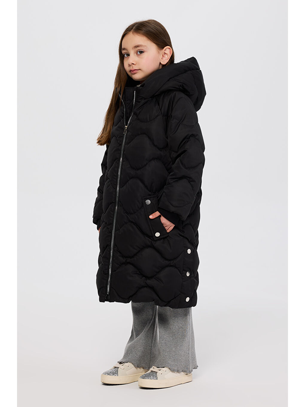 Siyah Kız Çocuk Kapitone Uzun Şişme Mont-5