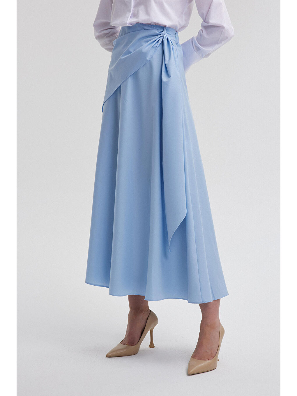 Mavi Bağlama Detaylı Poplin Etek-2