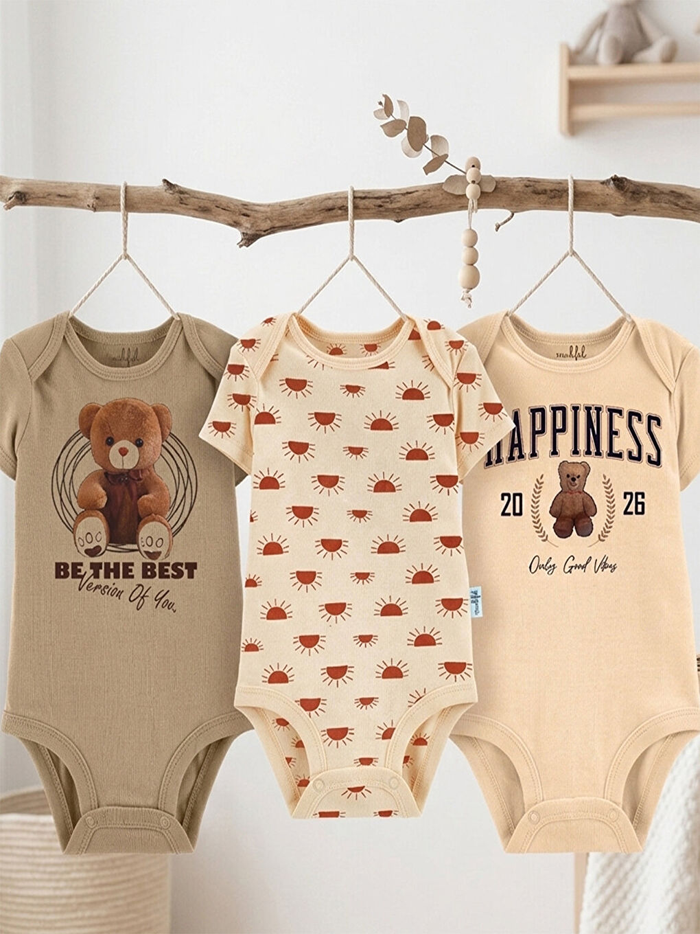 Sarı 3'lü %100 Pamuklu Organik Baskılı Kısa Kollu Çıtçıtlı Bebek Body Zıbın 780-839-1