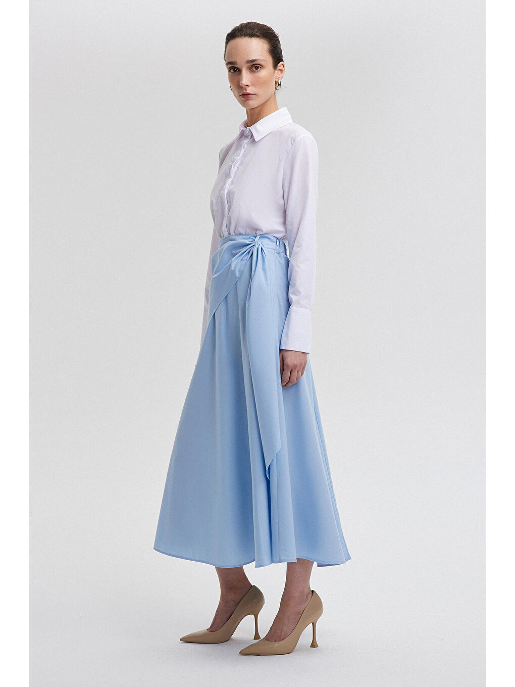 Mavi Bağlama Detaylı Poplin Etek-3