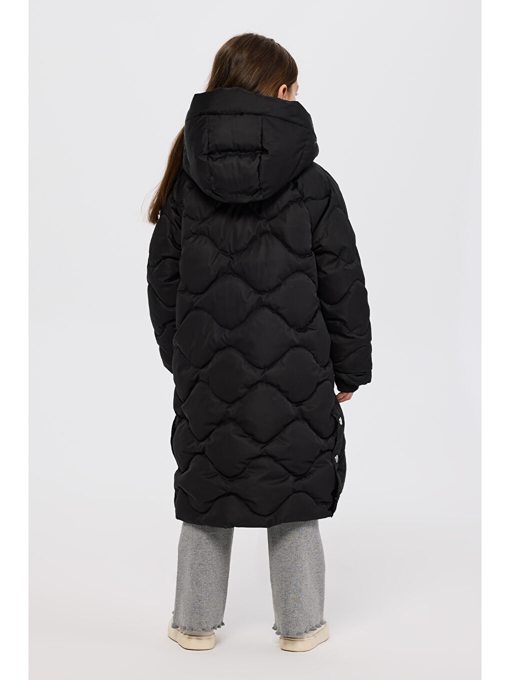 Siyah Kız Çocuk Kapitone Uzun Şişme Mont-6