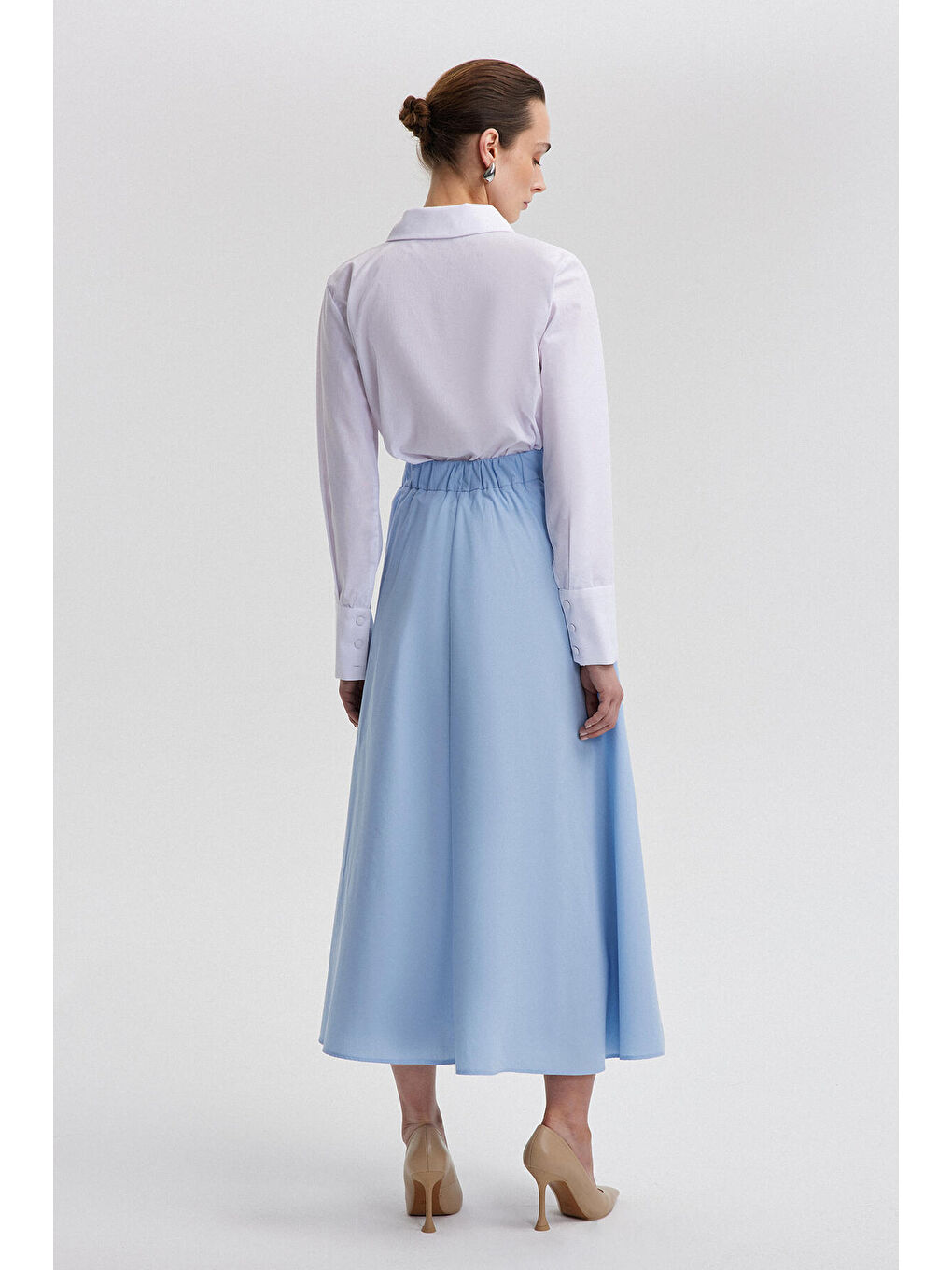 Mavi Bağlama Detaylı Poplin Etek-4