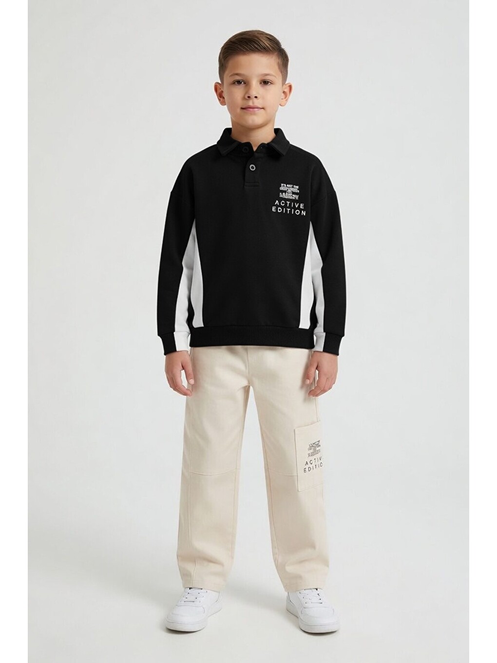 Siyah Polo Yaka Sweatshirt Keten Pantolonlu Erkek Çocuk Takım 24530