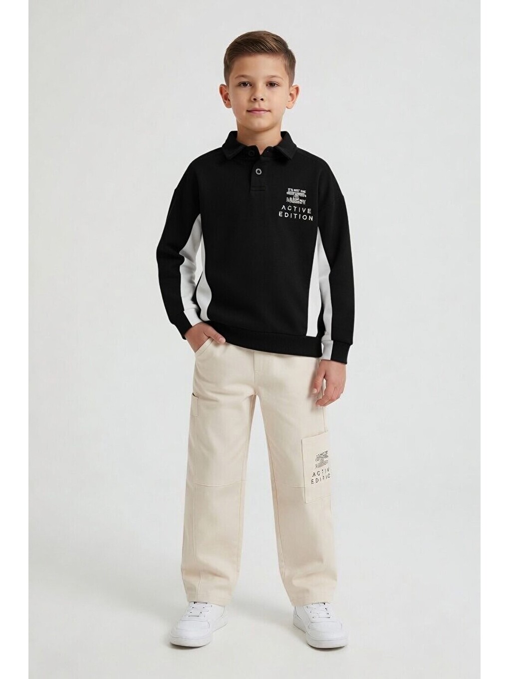 Siyah Polo Yaka Sweatshirt Keten Pantolonlu Erkek Çocuk Takım 24530-1
