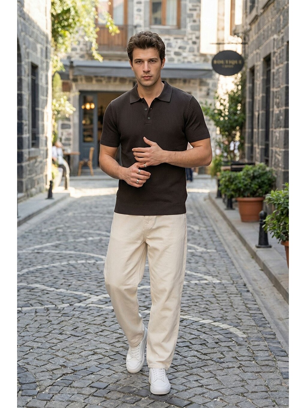 Siyah Bande Regular Fit Erkek Kısa Kol Triko Polo Yaka Dokulu Tişört-5