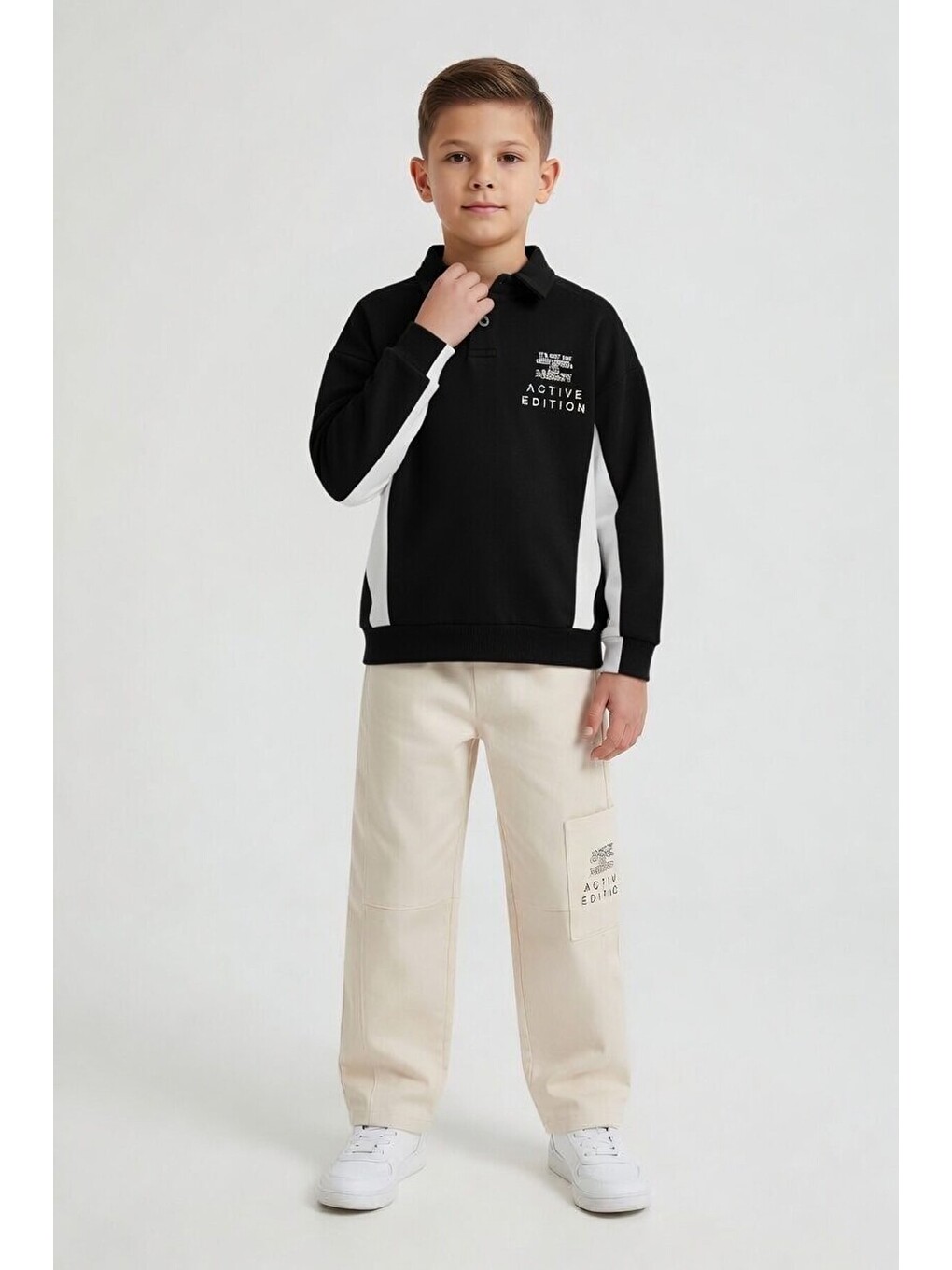 Siyah Polo Yaka Sweatshirt Keten Pantolonlu Erkek Çocuk Takım 24530-2