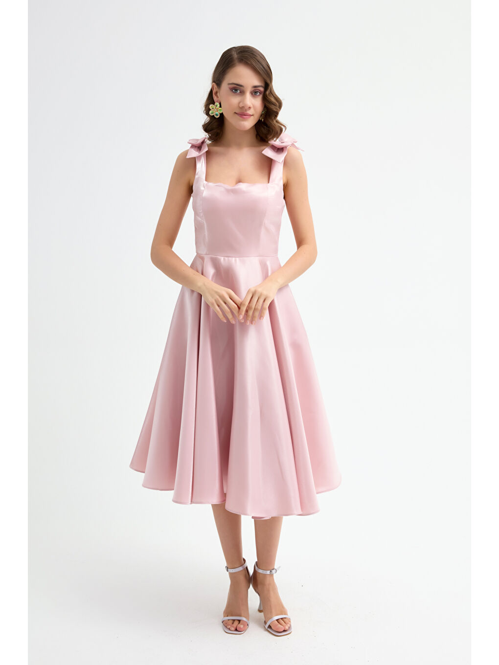 Pembe Kadın Pudra Fiyonk Detay Midi Abiye Elbise-2