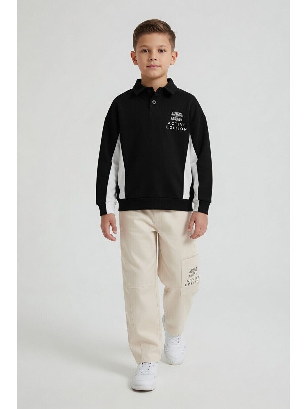 Siyah Polo Yaka Sweatshirt Keten Pantolonlu Erkek Çocuk Takım 24530-4