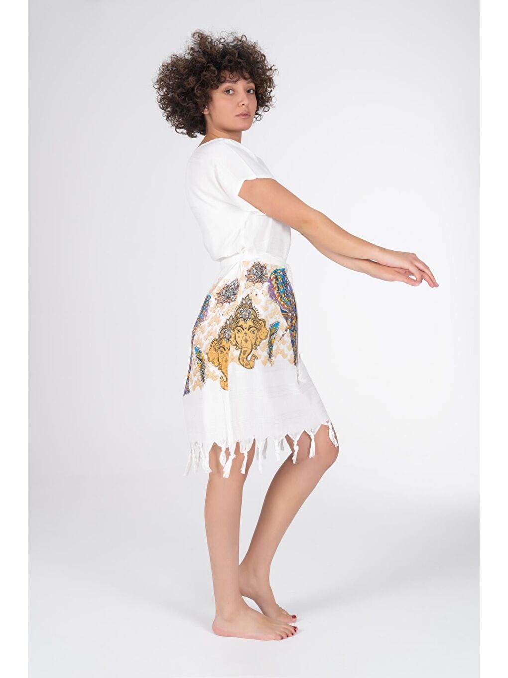 Ekru Baskılı Bambu Plaj Elbisesi-4