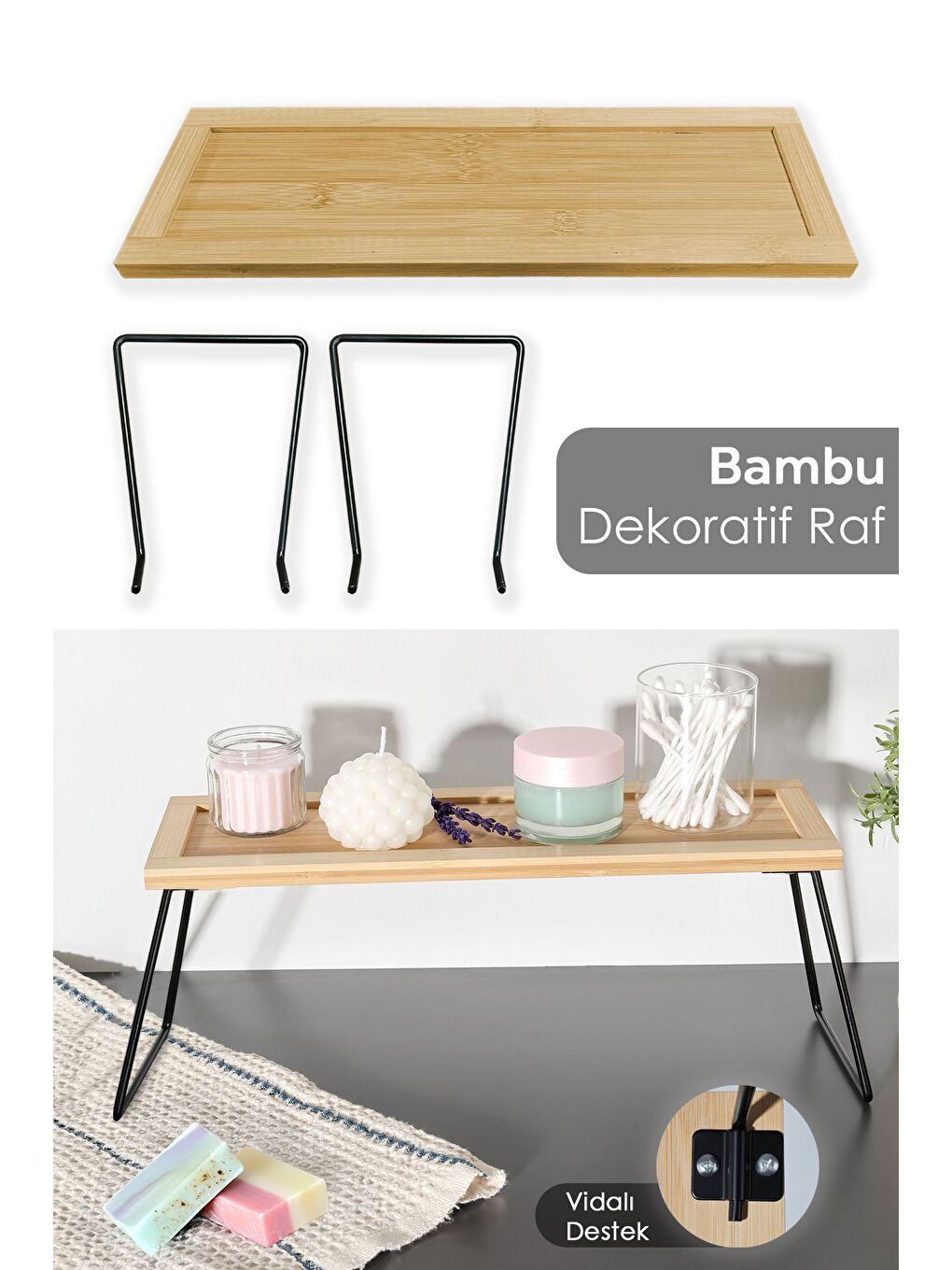 Bej Dekoratif Bambu Raf Mutfak Banyo Düzenleyici Aksesuar Organizeri Makyaj Parfüm Standı 36x12 cm