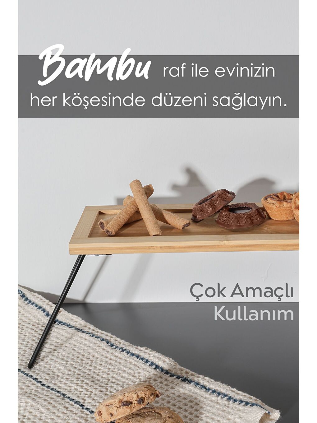 Bej Dekoratif Bambu Raf Mutfak Banyo Düzenleyici Aksesuar Organizeri Makyaj Parfüm Standı 36x12 cm-2