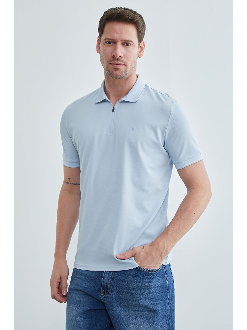 Mavi Yarım Fermuarlı Polo Yaka Tişört-2
