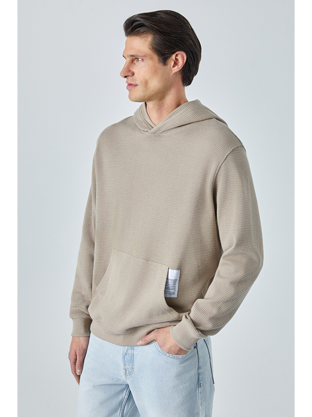 Bej Sustaıny Erkek Oversize Kapüşonlu Uzun Kollu Vizon Sweatshirt-1