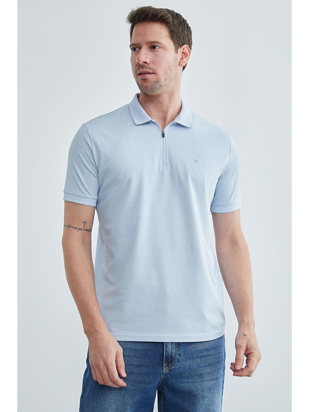 Mavi Yarım Fermuarlı Polo Yaka Tişört-3
