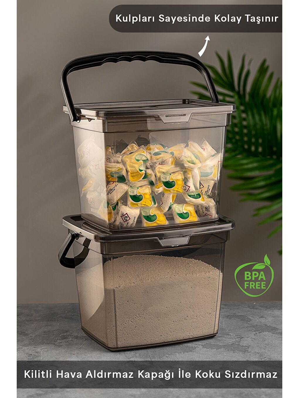 Antrasit 4'lü Yıkanabilir Etiketli Tablet Toz Deterjan Saklama Kabı Deterjan Saklama Düzenleme Kutusu Gri 4L-1