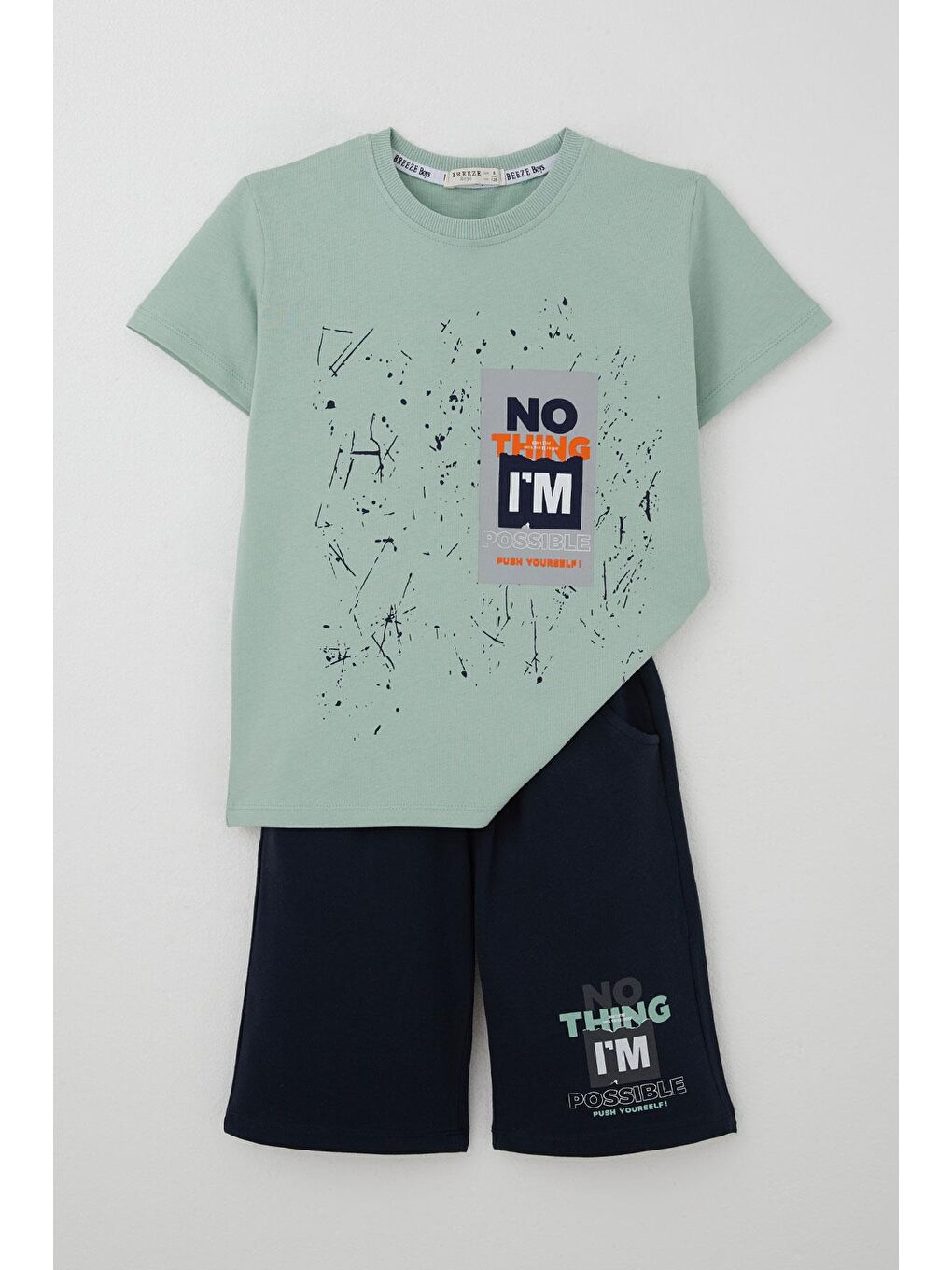 Erkek Çocuk Şortlu Takım Püskürtme Boya Desenli Yazı Baskılı Mint Yeşili (5-10 Yaş)