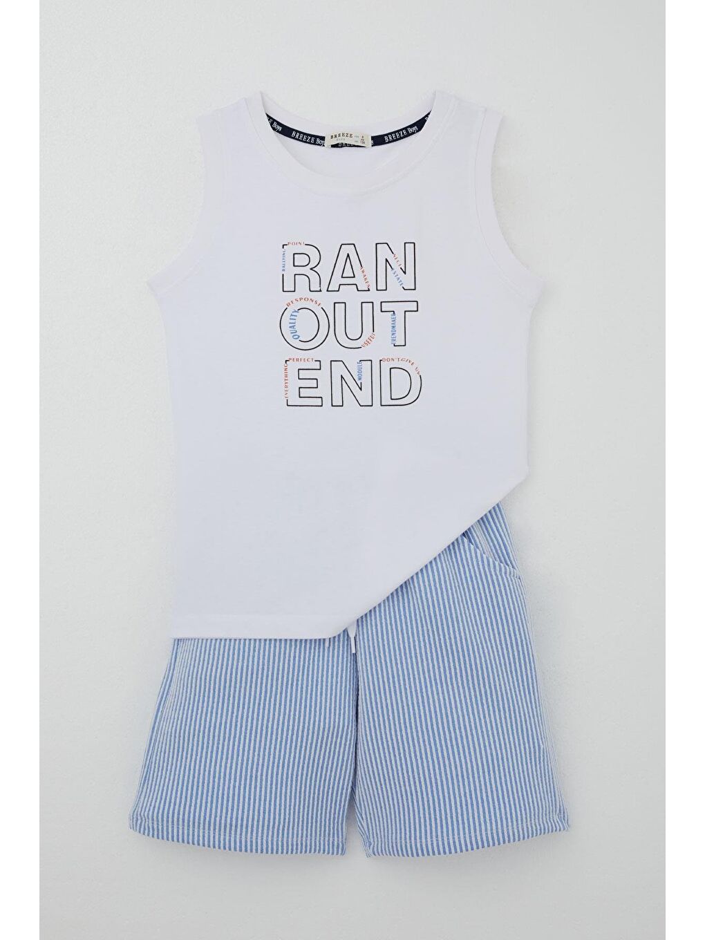Erkek Çocuk Şortlu Takım Sıfır Kollu Yazı Baskılı Bağcık Aksesuarlı Beyaz (8-14 Yaş)