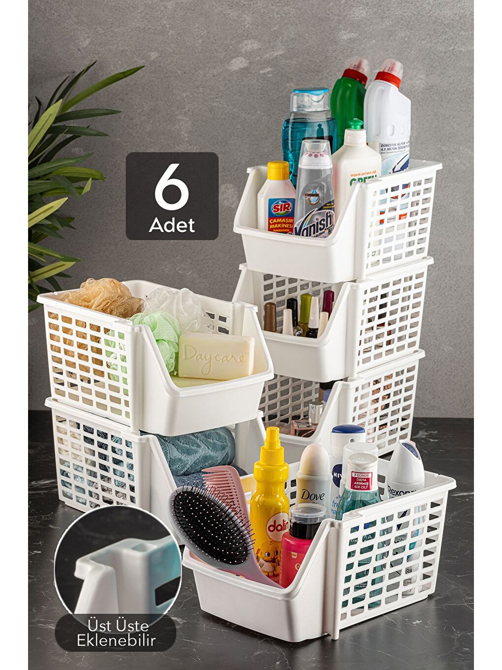 Beyaz 6 Adet Üst Üste Eklenebilir Çok Amaçlı Banyo Mutfak Rafı Kiler Dolap İçi Düzenleyici Organizer