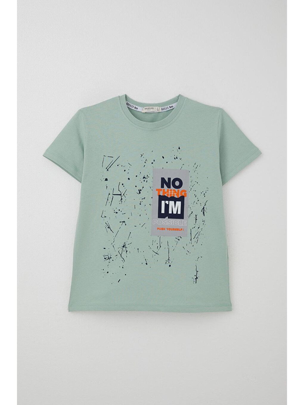 Erkek Çocuk Şortlu Takım Püskürtme Boya Desenli Yazı Baskılı Mint Yeşili (5-10 Yaş)-1