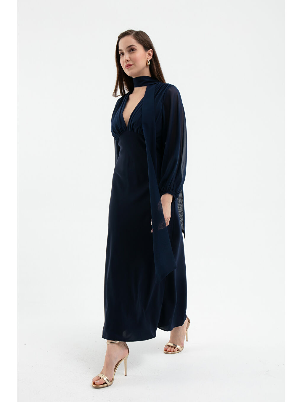 Kadın Lacivert Şifon Garnili Elbise-1