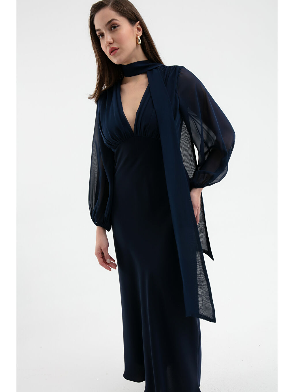 Kadın Lacivert Şifon Garnili Elbise-2