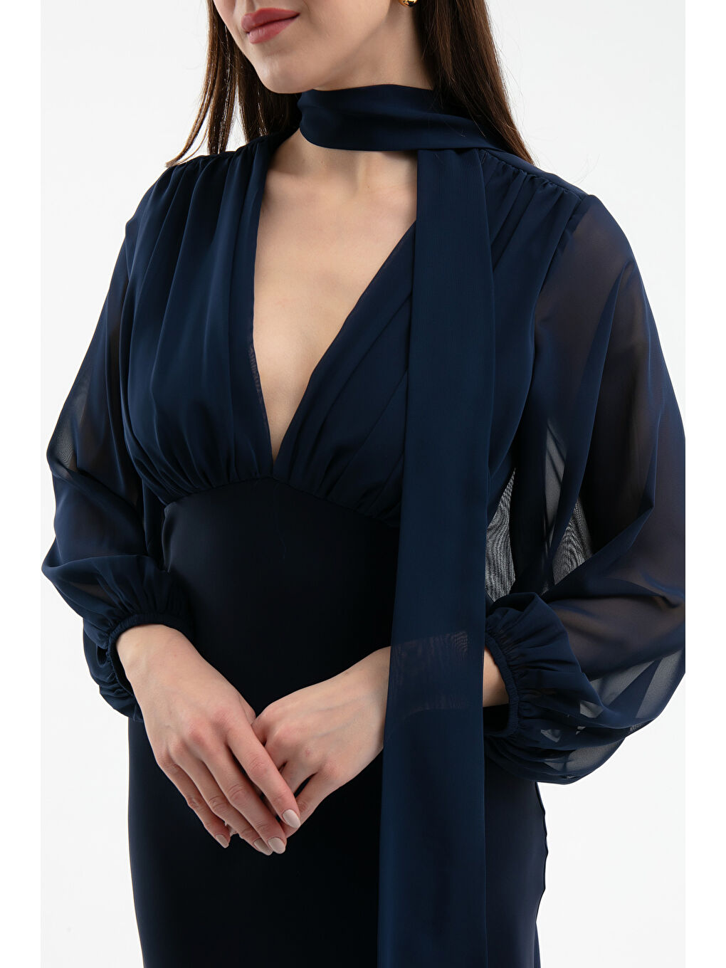 Kadın Lacivert Şifon Garnili Elbise-3