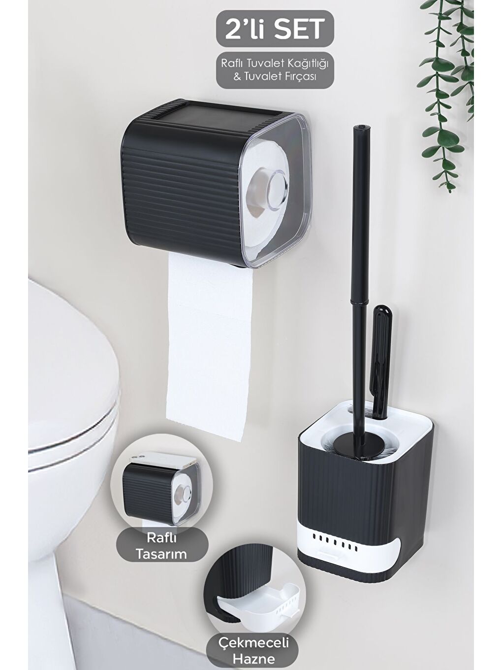 2 Parça Banyo Seti Yapışkanlı Tuvalet Kağıtlığı Hazneli Banyo Temizlik Tuvalet Fırçası Siyah