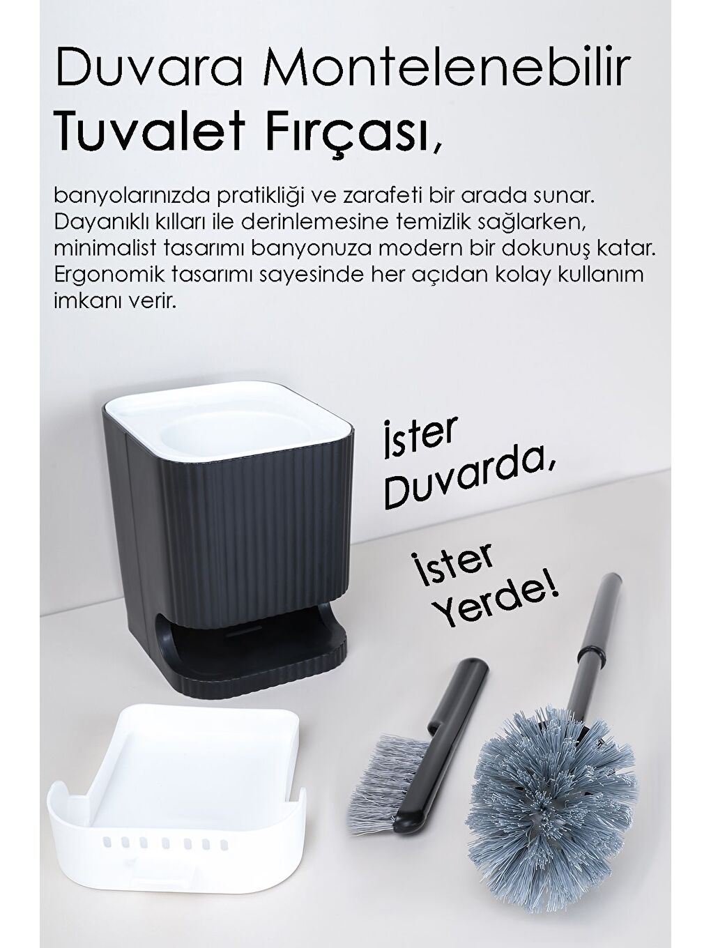 2 Parça Banyo Seti Yapışkanlı Tuvalet Kağıtlığı Hazneli Banyo Temizlik Tuvalet Fırçası Siyah-2