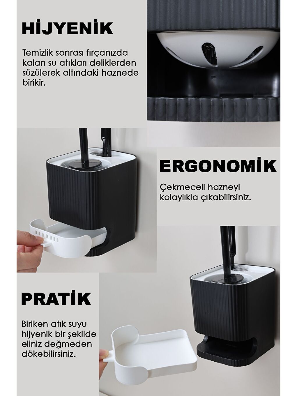 2 Parça Banyo Seti Yapışkanlı Tuvalet Kağıtlığı Hazneli Banyo Temizlik Tuvalet Fırçası Siyah-3