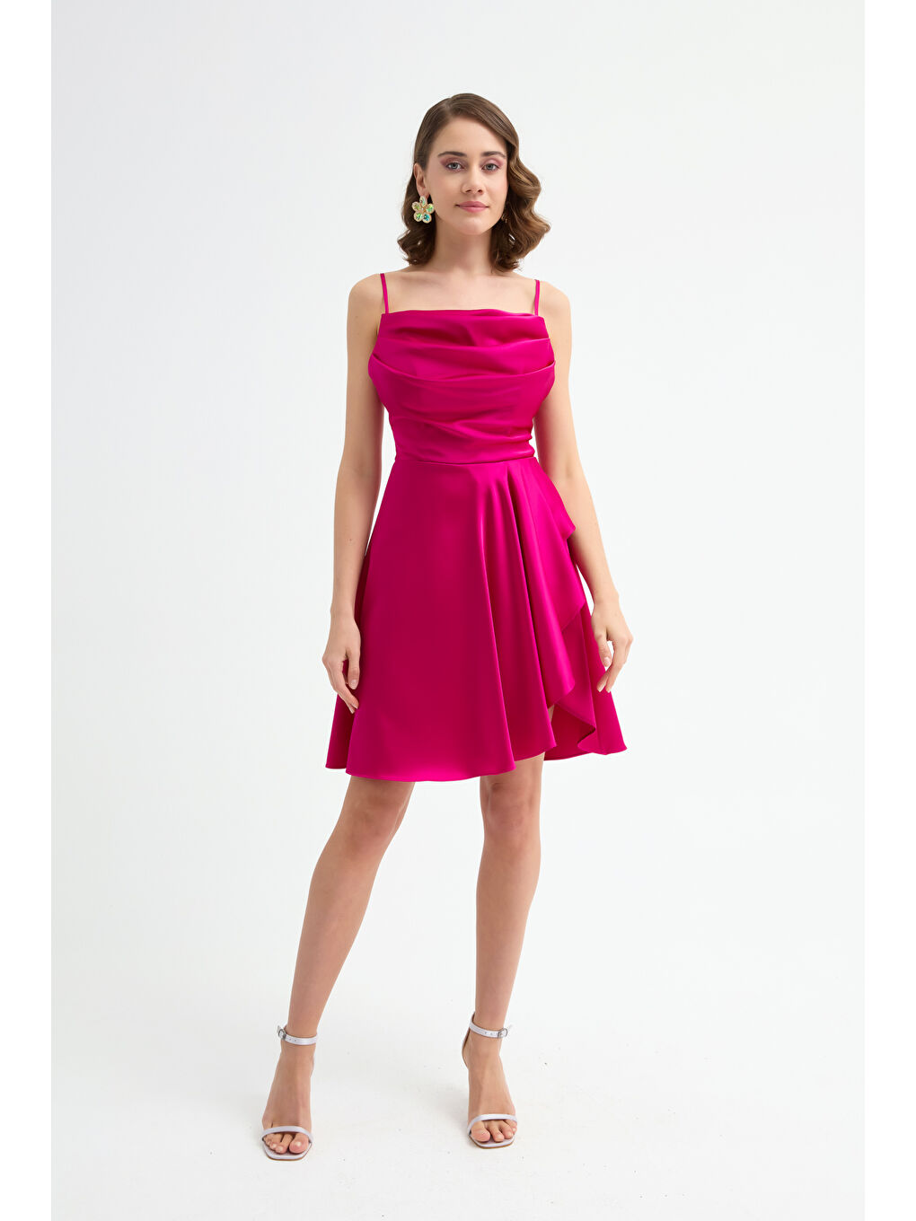 Kadın Fuşya Volanlı Yırtmaçlı Kısa Saten Abiye & Mezuniyet Elbisesi-1