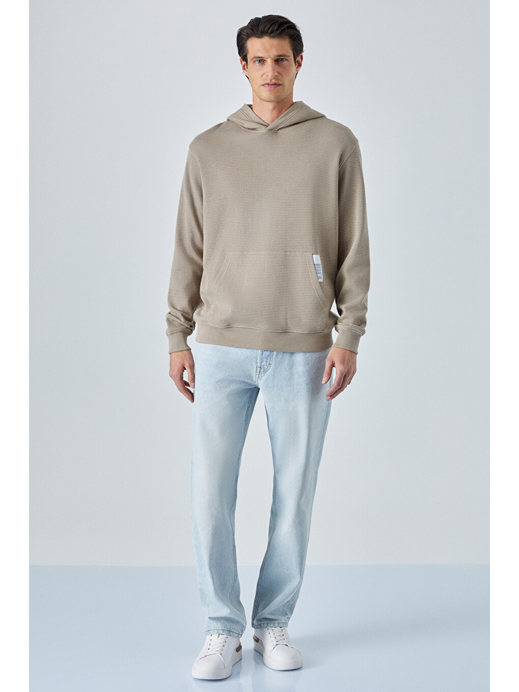 Bej Sustaıny Erkek Oversize Kapüşonlu Uzun Kollu Vizon Sweatshirt-3