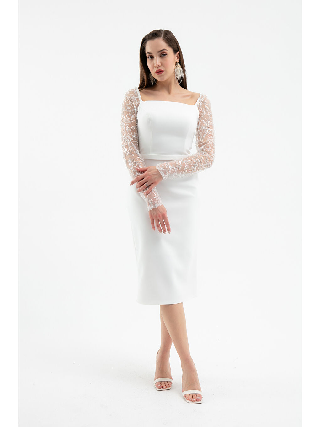 Kadın Beyaz Kol Detaylı Söz Nişan Nikah Abiye Elbise