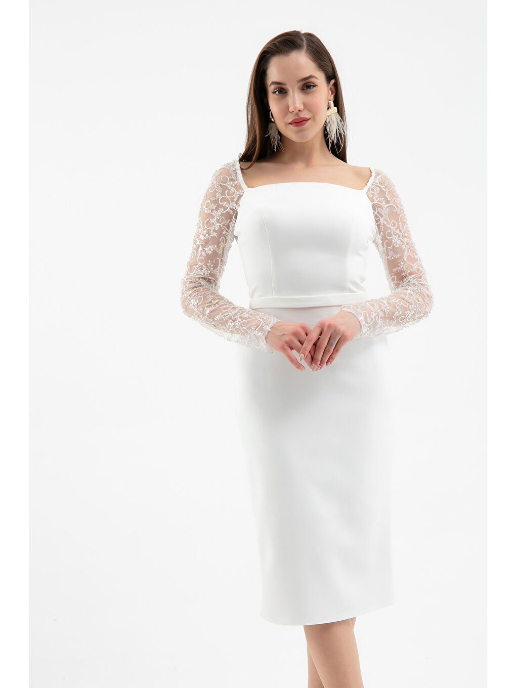 Kadın Beyaz Kol Detaylı Söz Nişan Nikah Abiye Elbise-1