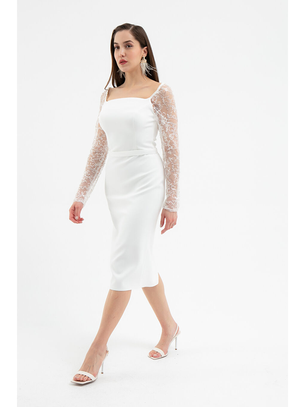 Kadın Beyaz Kol Detaylı Söz Nişan Nikah Abiye Elbise-2