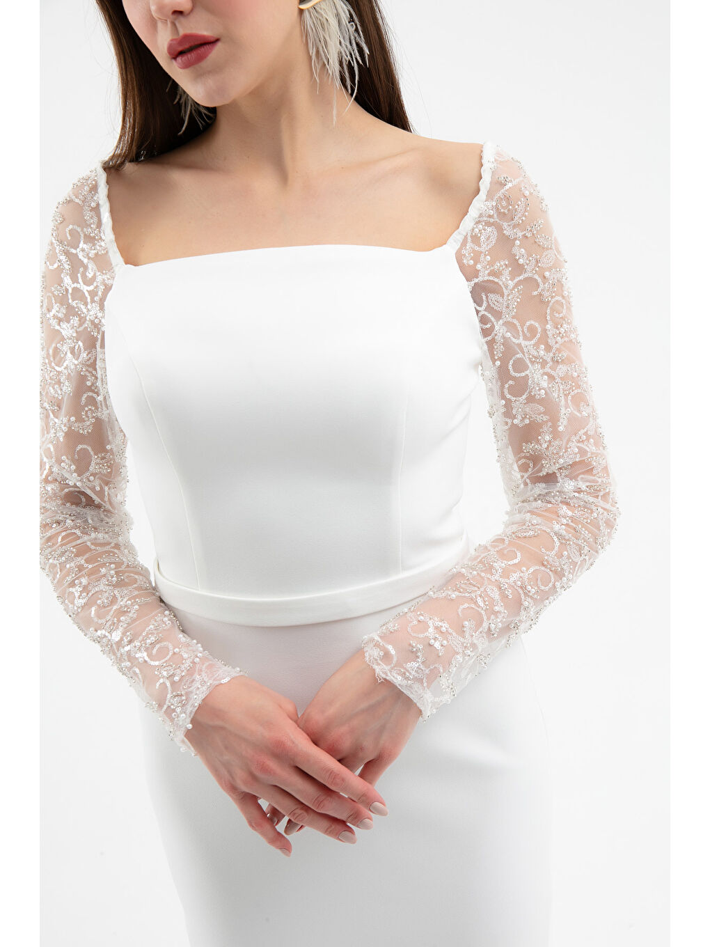 Kadın Beyaz Kol Detaylı Söz Nişan Nikah Abiye Elbise-3