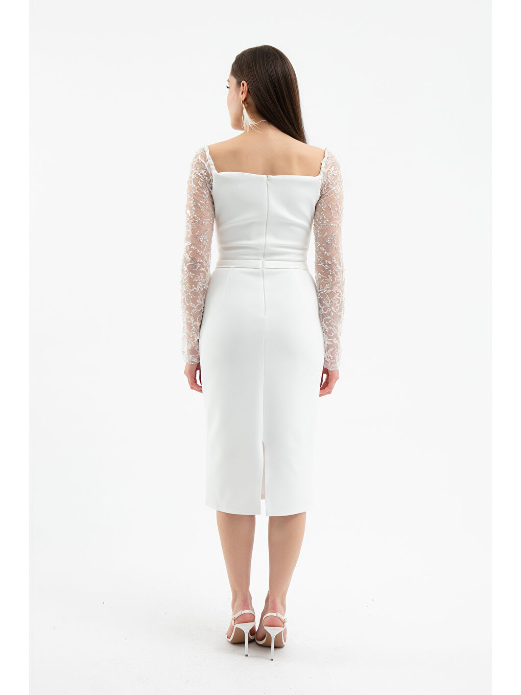 Kadın Beyaz Kol Detaylı Söz Nişan Nikah Abiye Elbise-4
