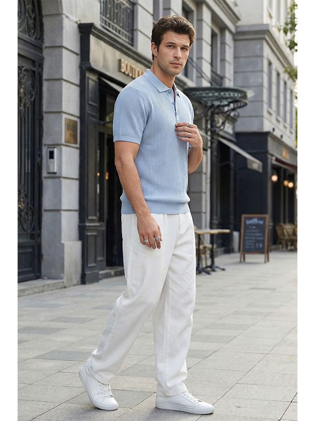 Mavi Bande Regular Fit Erkek Kısa Kol Triko Polo Yaka Dokulu Tişört-1