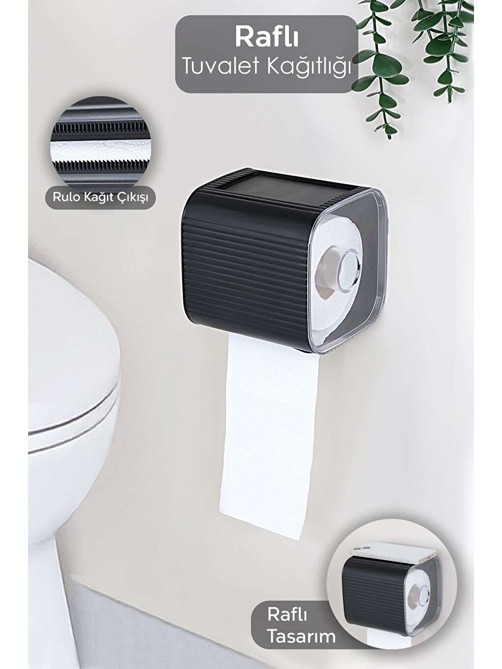 Yapışkanlı Kapalı Tuvalet Kağıtlığı Plastik Banyo Wc Tuvalet Kağıtlık Raflı Peçetelik Siyah