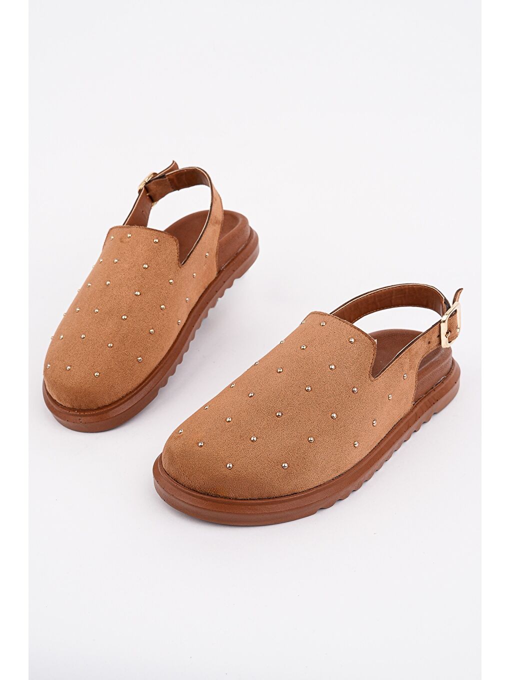 Kahverengi LİLOW Süet Deri Gold Zımbalı Ayarlanabilir Tokalı Günlük Rahat Önü Kapalı Kadın Sandalet-1