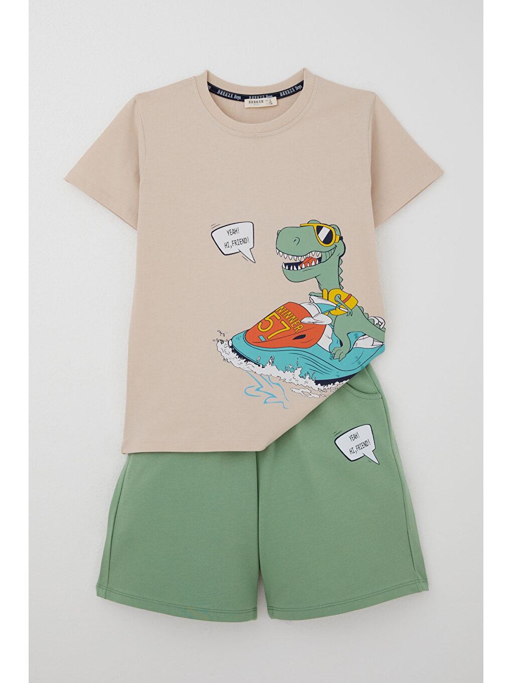 Erkek Çocuk Şortlu Takım Jetski Tutkunu Havalı Dinozor Baskılı Bej (5-9 Yaş)