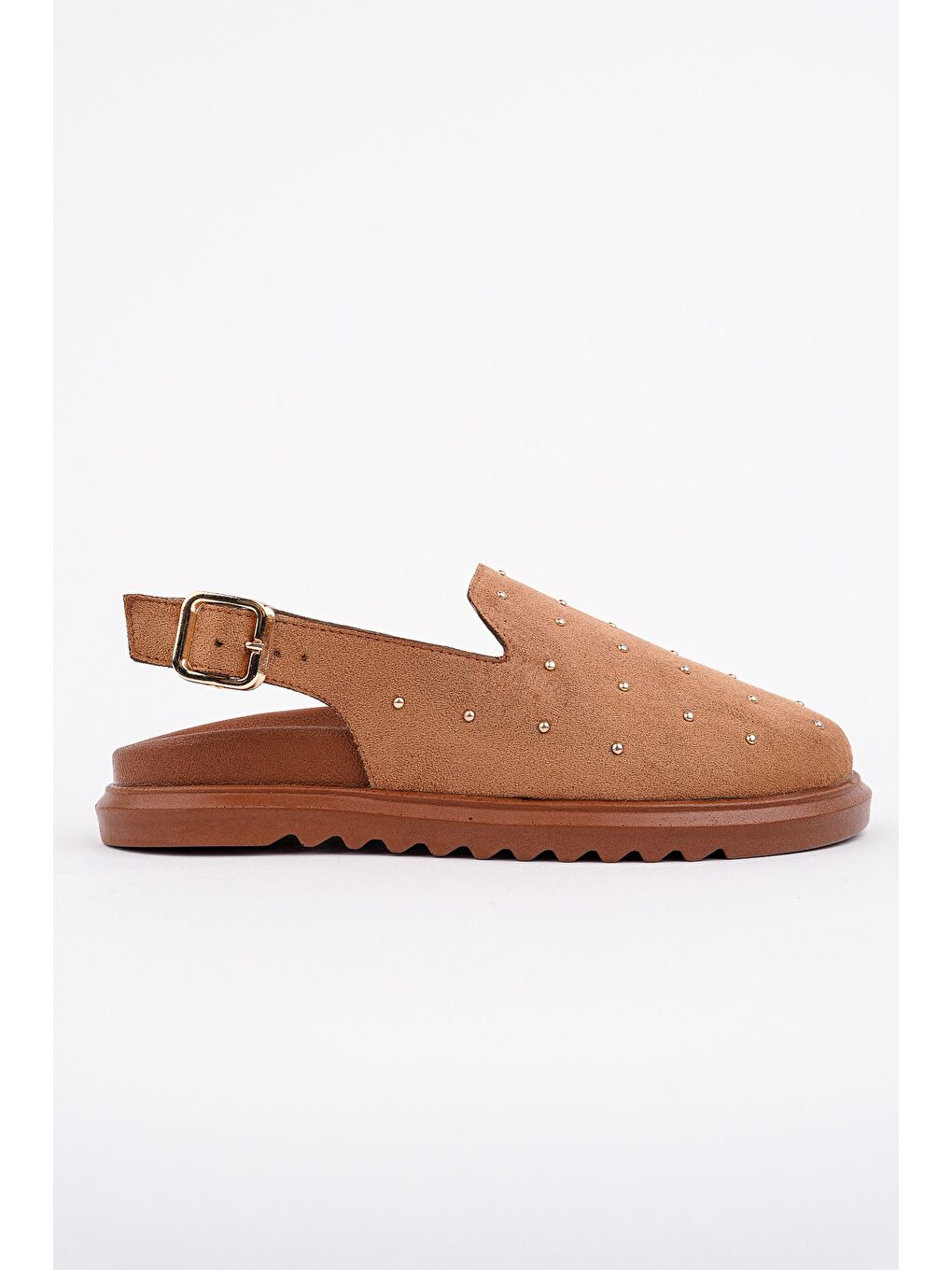 Kahverengi LİLOW Süet Deri Gold Zımbalı Ayarlanabilir Tokalı Günlük Rahat Önü Kapalı Kadın Sandalet-2