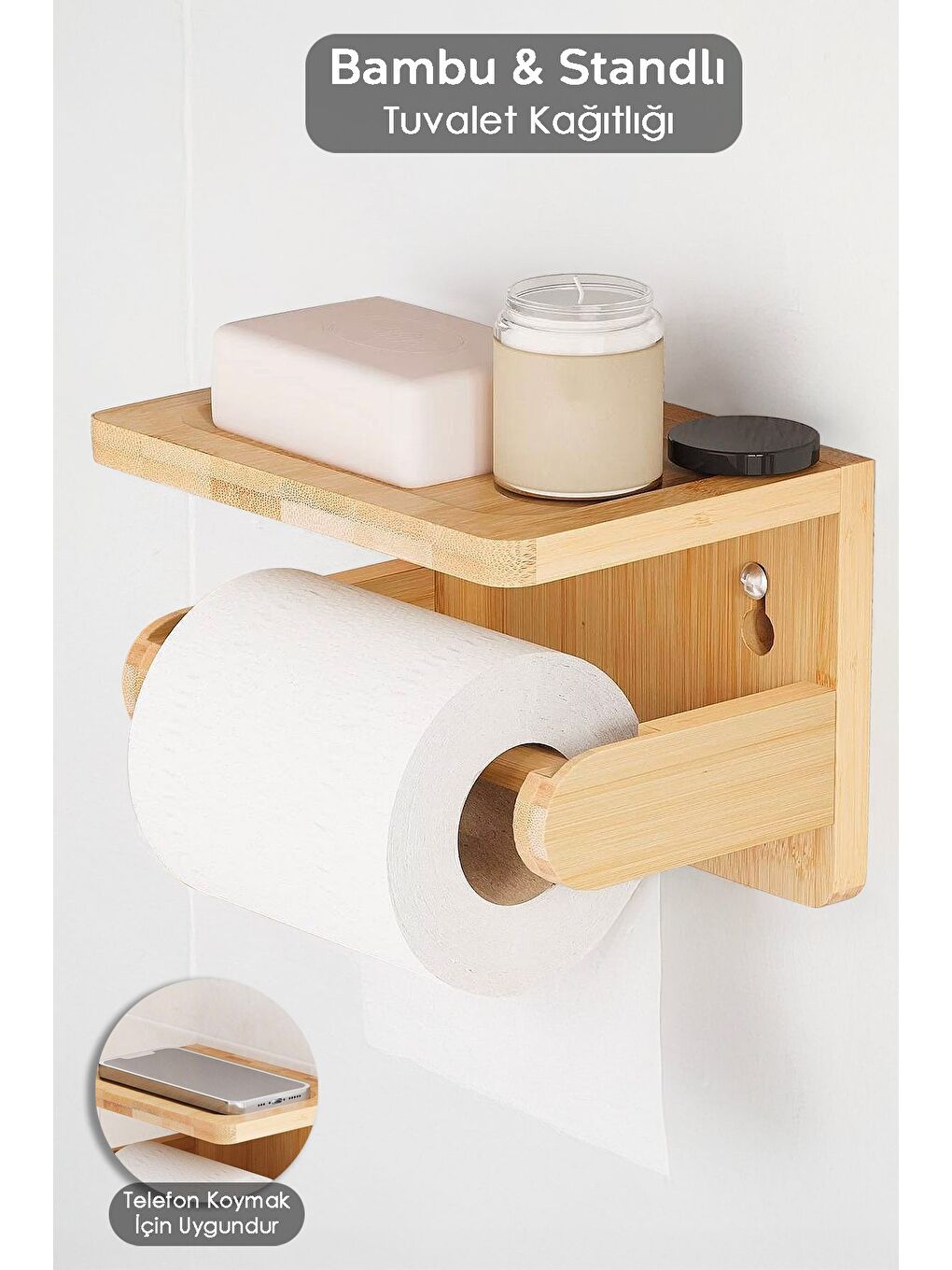 Bej Yapışkanlı Raflı Bambu Tuvalet Kağıtlığı Peçetelik Wc Tuvalet Kağıdı Tutacağı Rulo Peçete Askılığı
