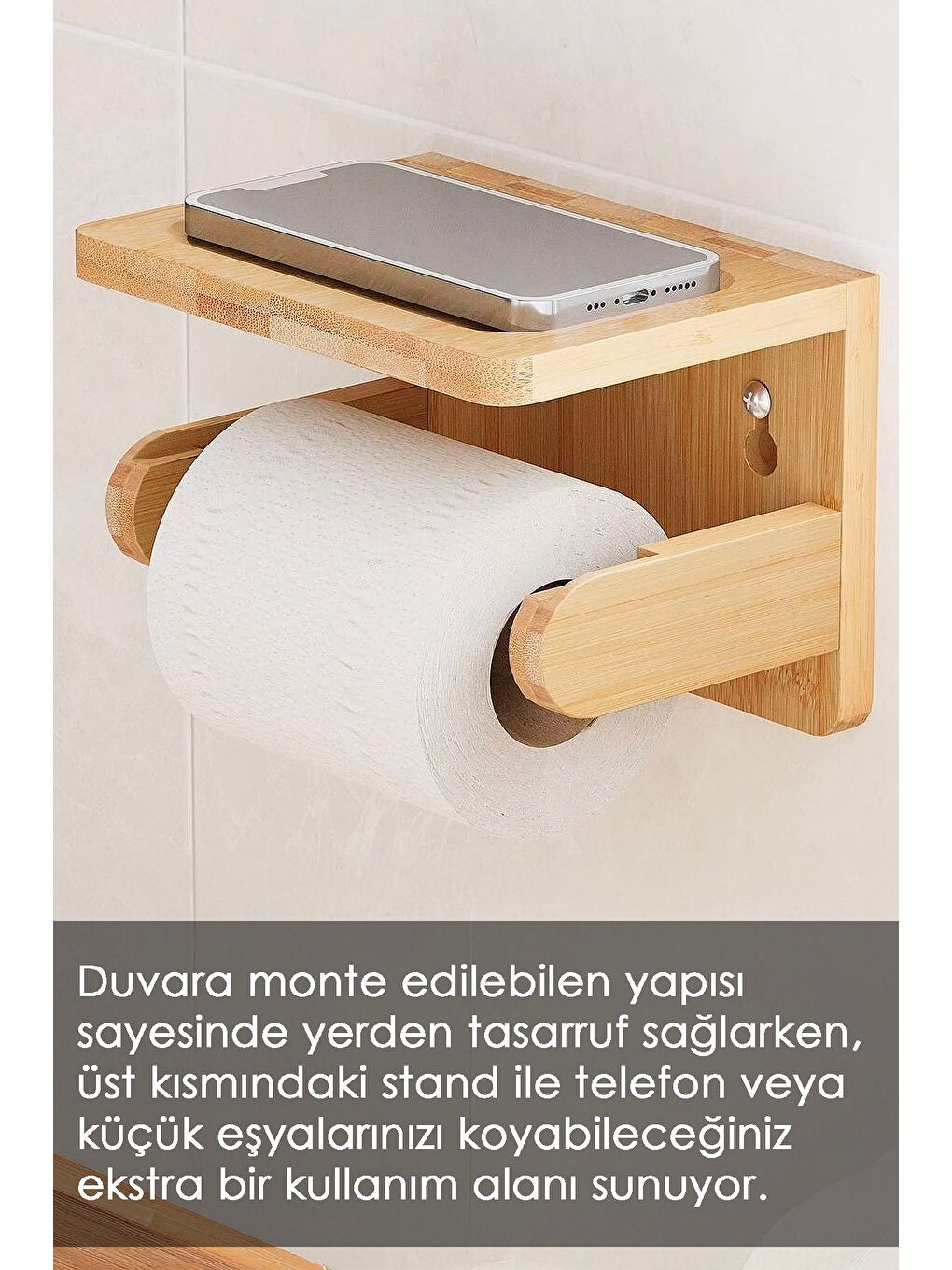 Bej Yapışkanlı Raflı Bambu Tuvalet Kağıtlığı Peçetelik Wc Tuvalet Kağıdı Tutacağı Rulo Peçete Askılığı-1