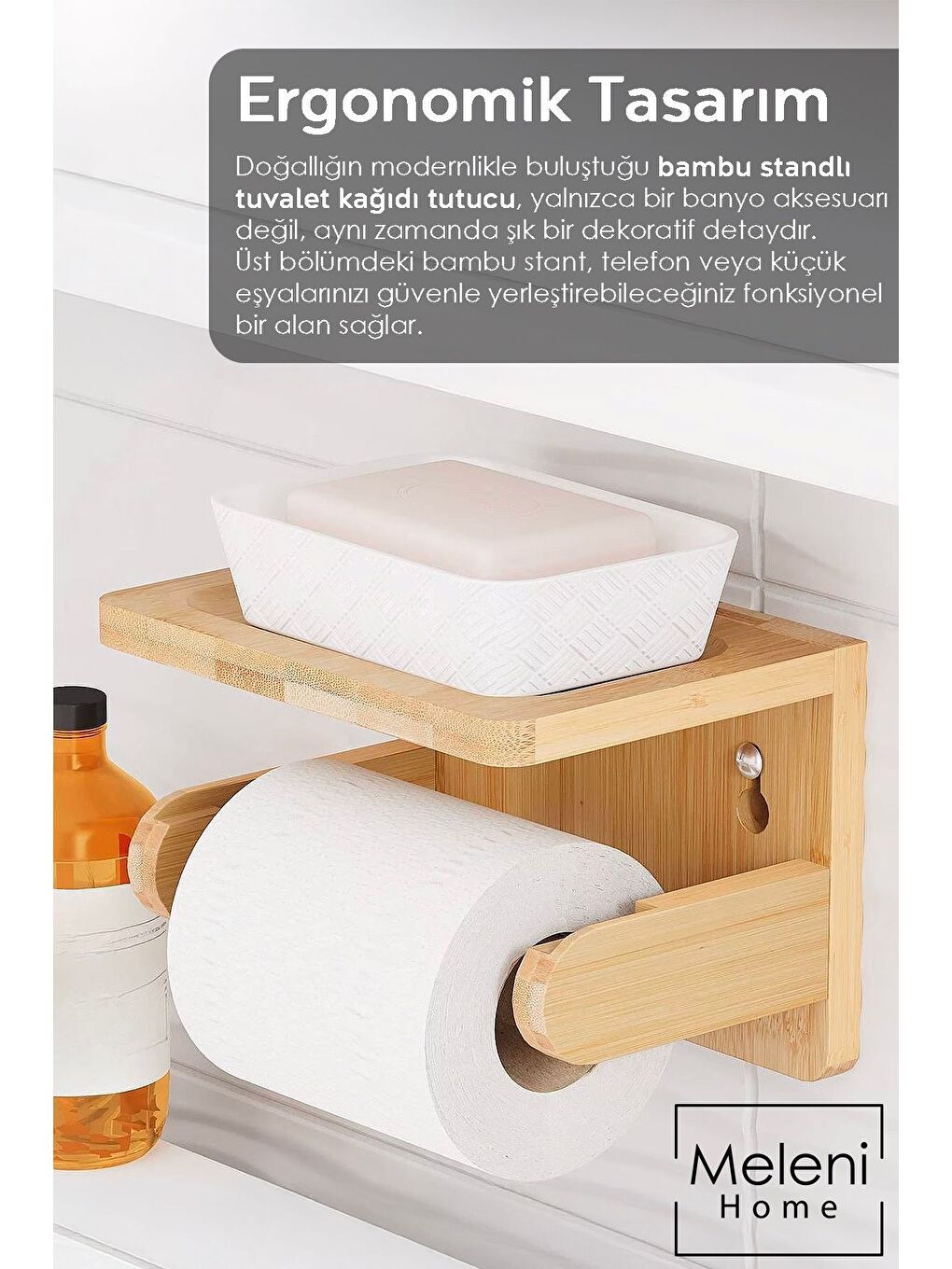 Bej Yapışkanlı Raflı Bambu Tuvalet Kağıtlığı Peçetelik Wc Tuvalet Kağıdı Tutacağı Rulo Peçete Askılığı-3
