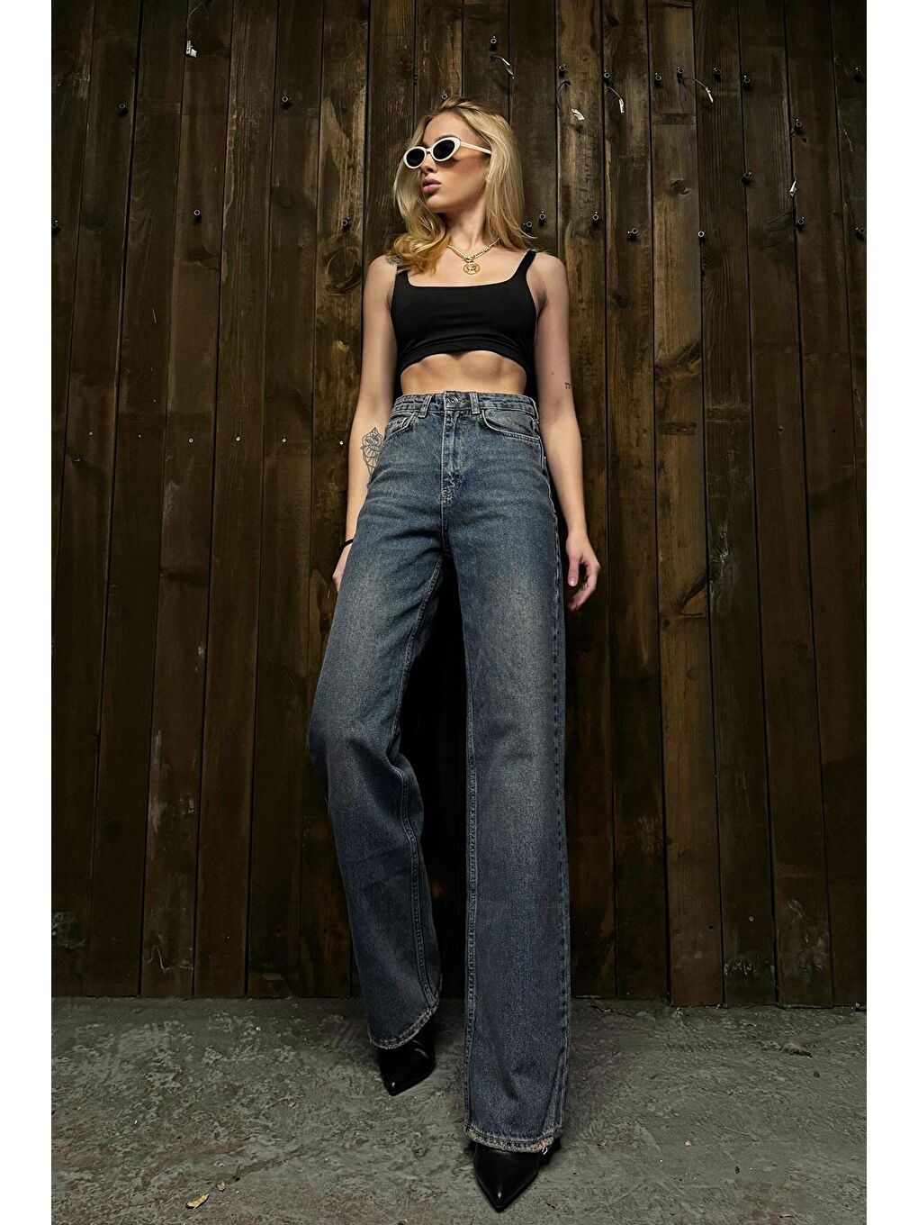 Mavi Yüksek Bel Beş Cepli Eskitmeli Palazzo Jean