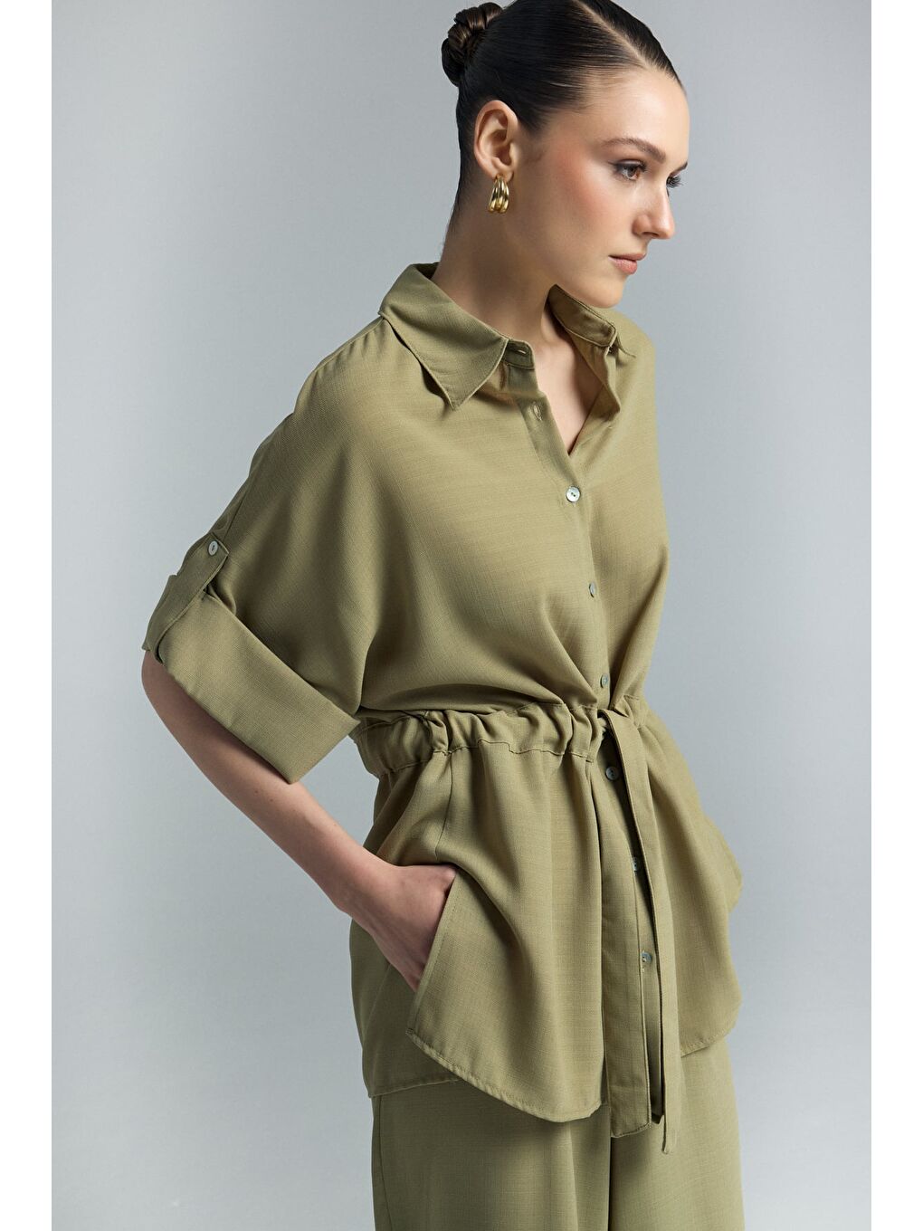 Beli Bağlamalı Kimono Gömlek - Haki