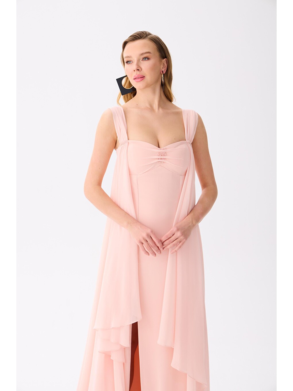 Pembe Pudra Pelerinli Şifon Abiye Elbise-1
