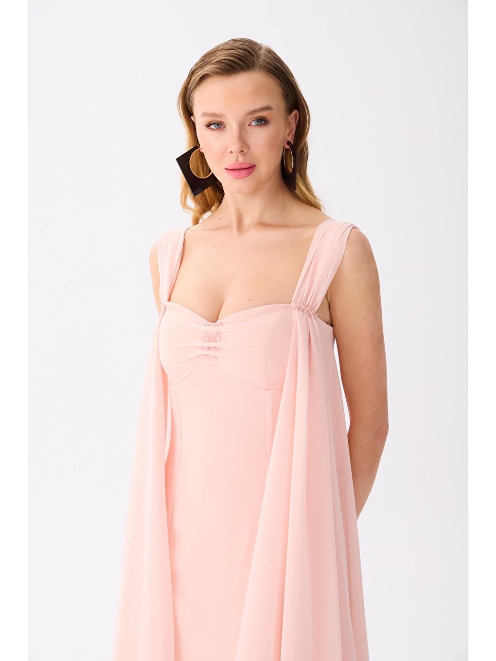 Pembe Pudra Pelerinli Şifon Abiye Elbise-2