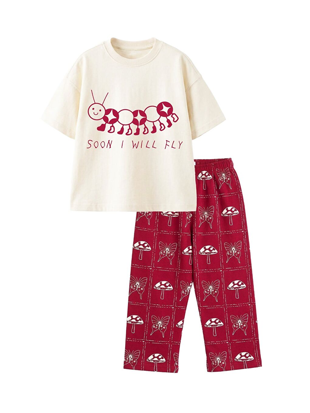 Kız Çocuk Pamuklu Tırtıl Baskılı T-Shirt Ve Bordo Baskılı Eşofman Alt Üst Takım-1